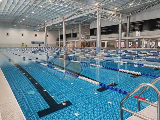 Bon prix Piscine de compétition en acier Zn-Al-Mg personnalisée avec échelles et blocs de départ en ligne